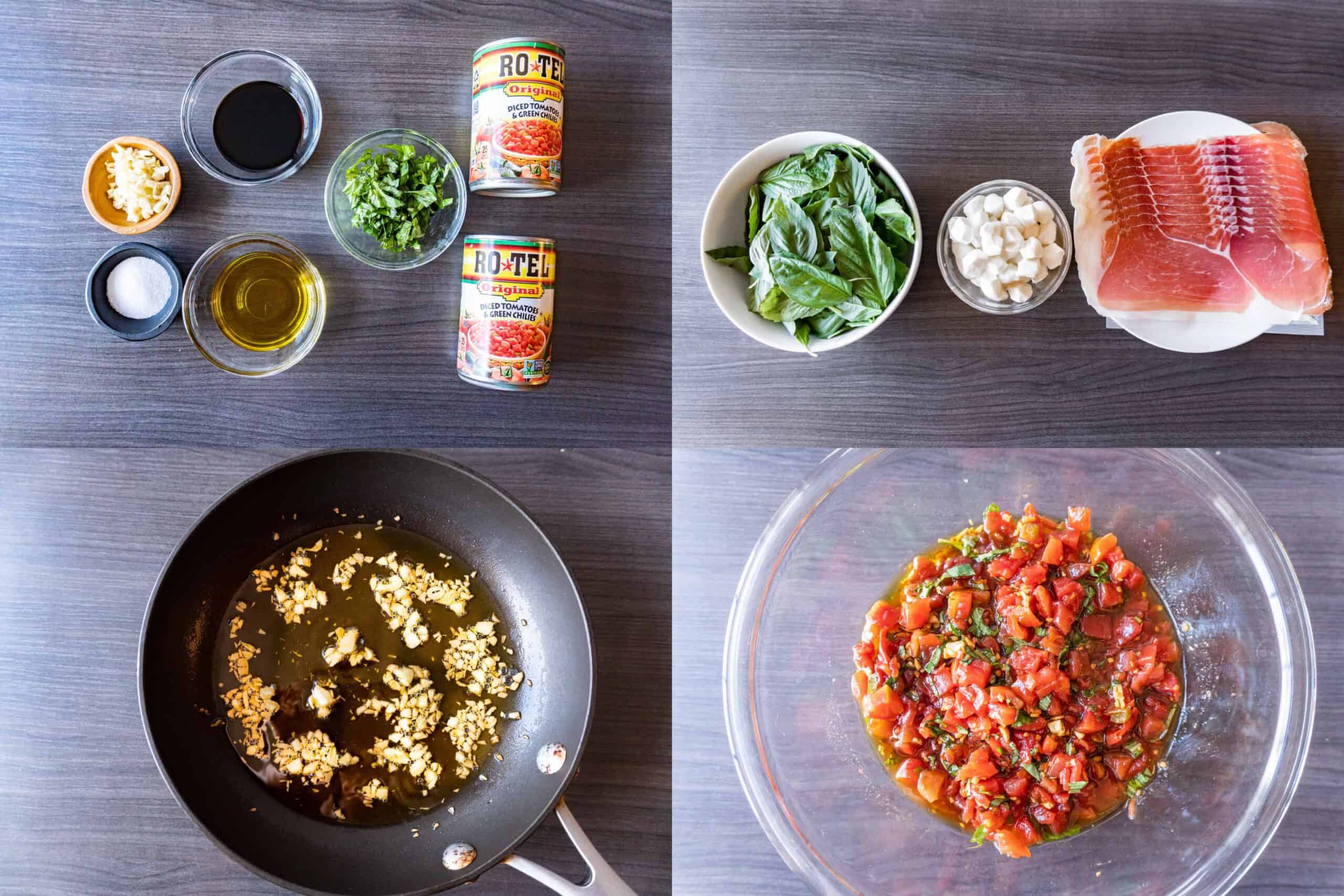 bruschetta ingredients and making it process shots