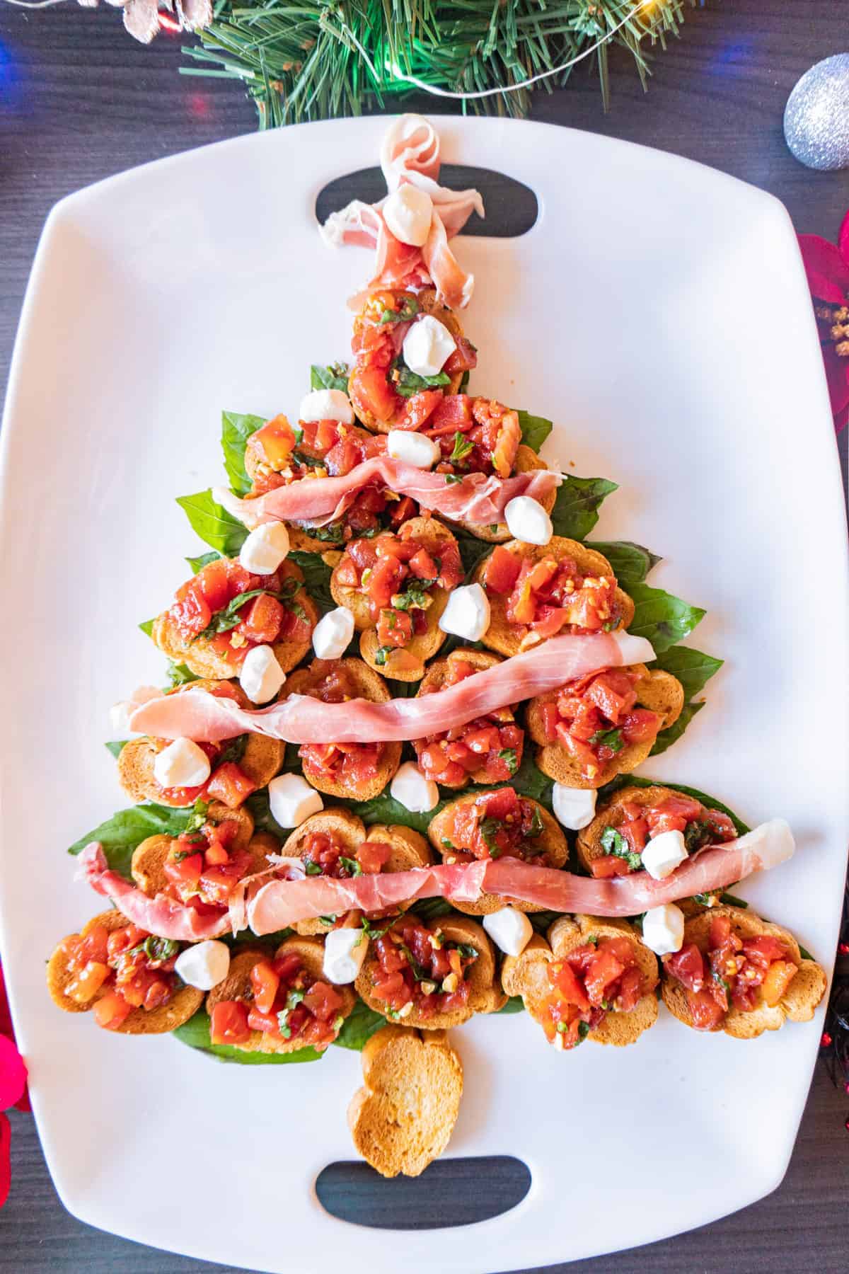 christmas tree appetizer on white platter