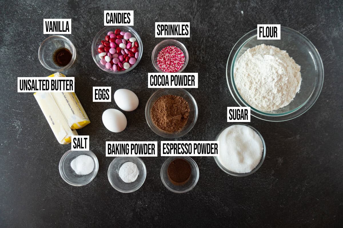 easy valentine cookies ingredients in separate bowls.