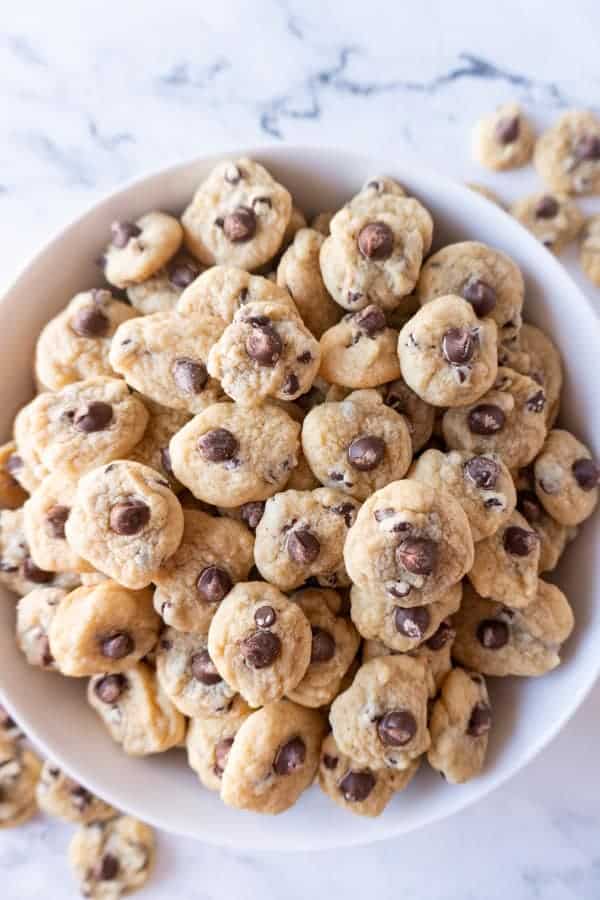 mini chocolate chip cookies in a large bowl