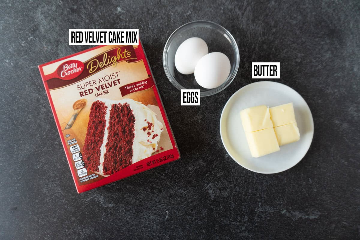 red velvet cake cookies ingredients spread out.