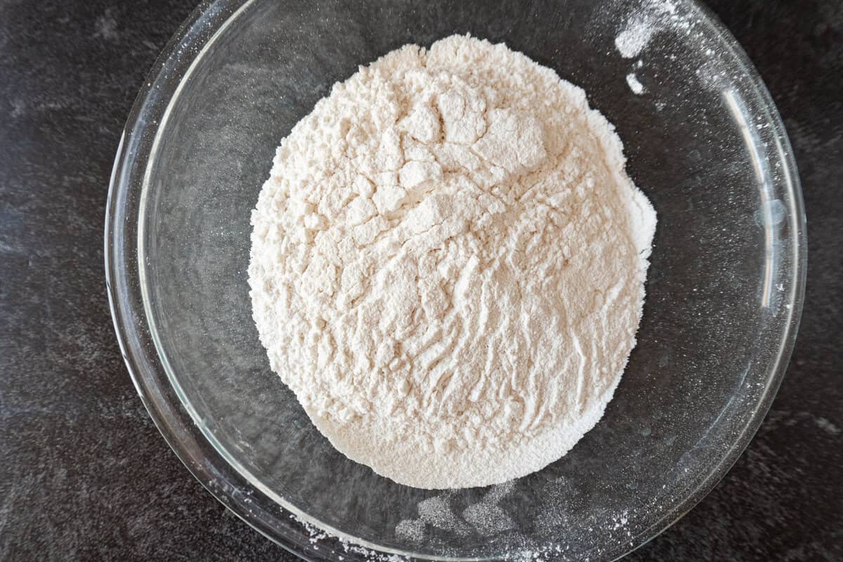 flour baking soda and salt combined in glass bowl.