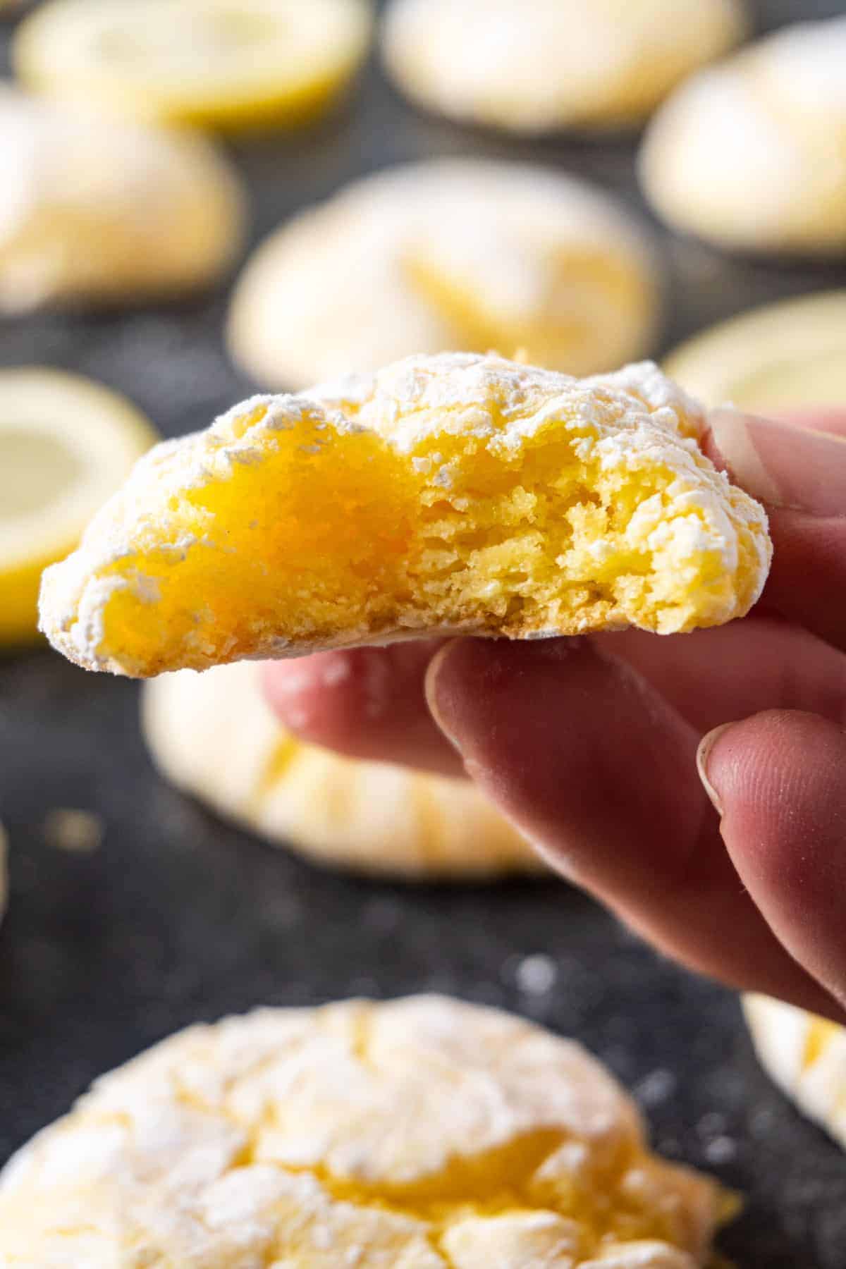 Lemon cookie with bite taken out of it