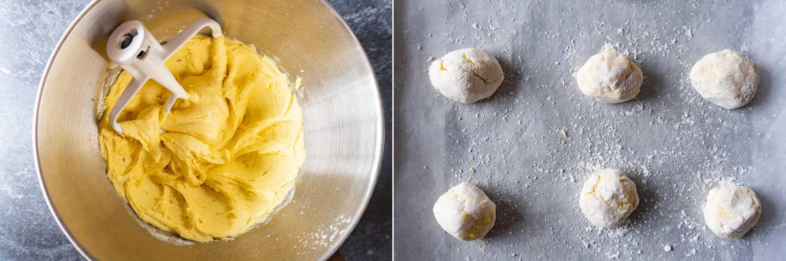 Lemon cokie bvatter and lememon cookies rolled and on baking sheet