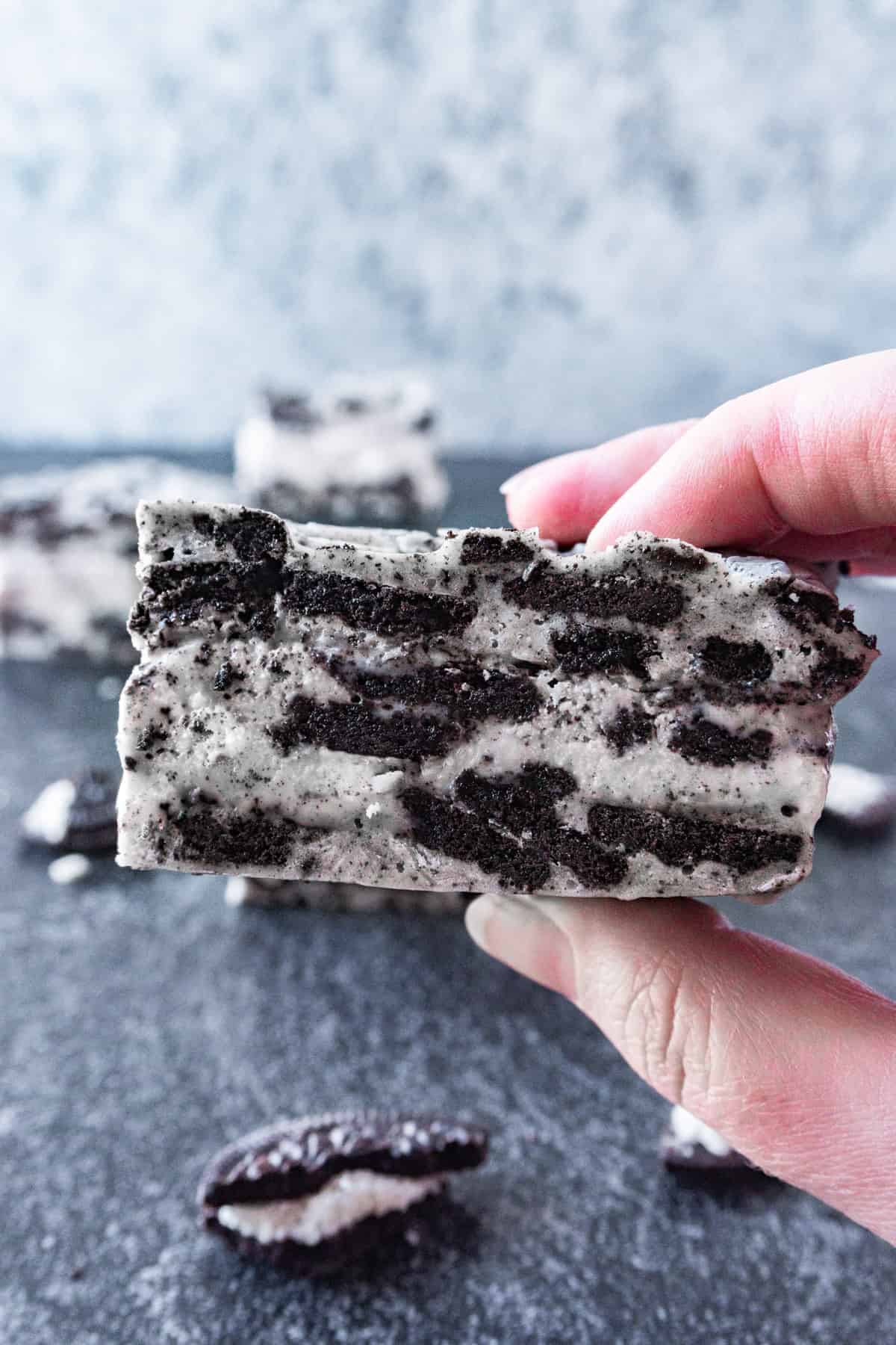 Close up of oreo ice cream sandwich