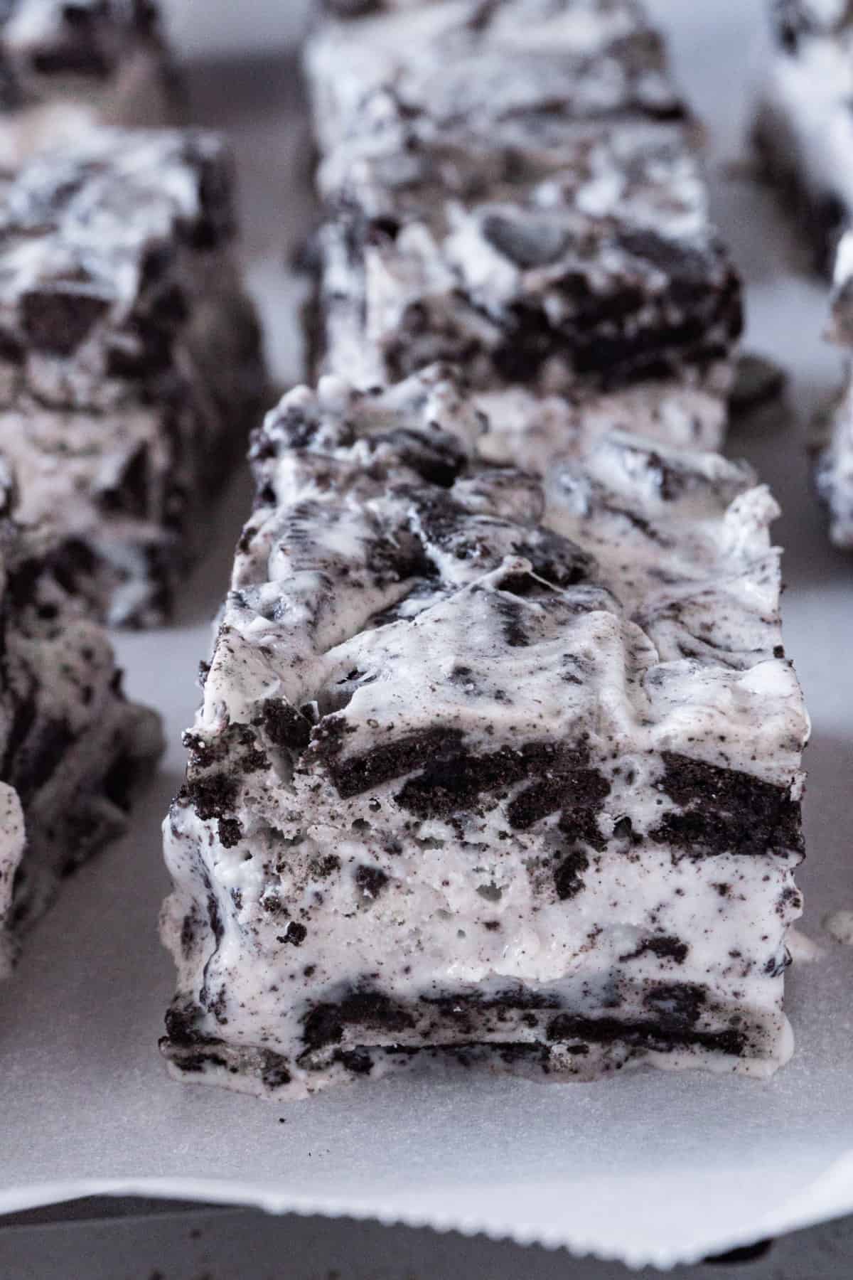 Oreo Ice Cream Bars on parchment paper