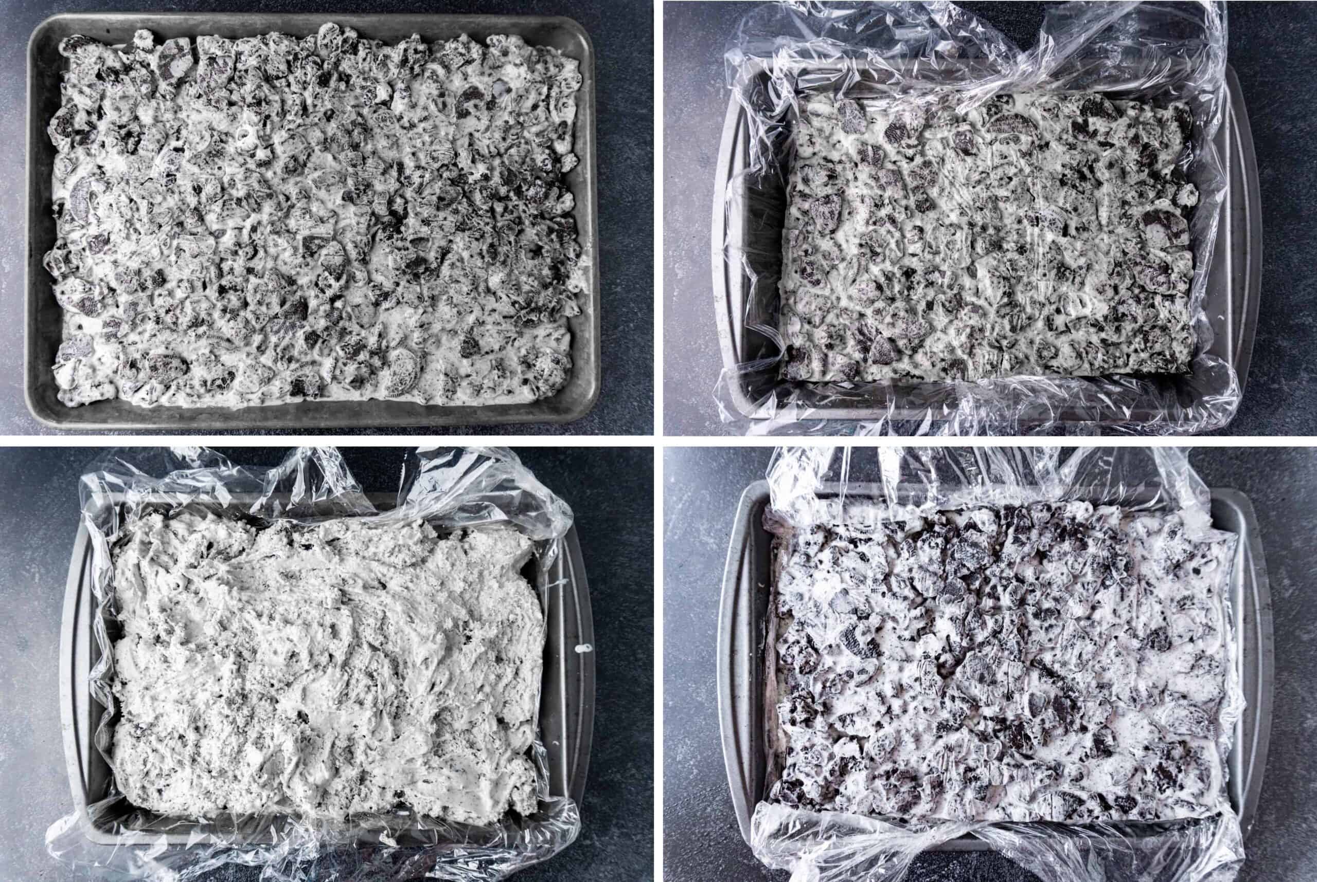 Oreo Ice Cream Bar steps- spread onto a flat cookie sheet, then cut in half once hardened, place half in smaller dish, cover with ice cream, then cover with remaining half of oreo bars