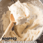 whipped cream cheese frosting on wooden spoon pinterest pin.