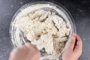 mixing the bread dough