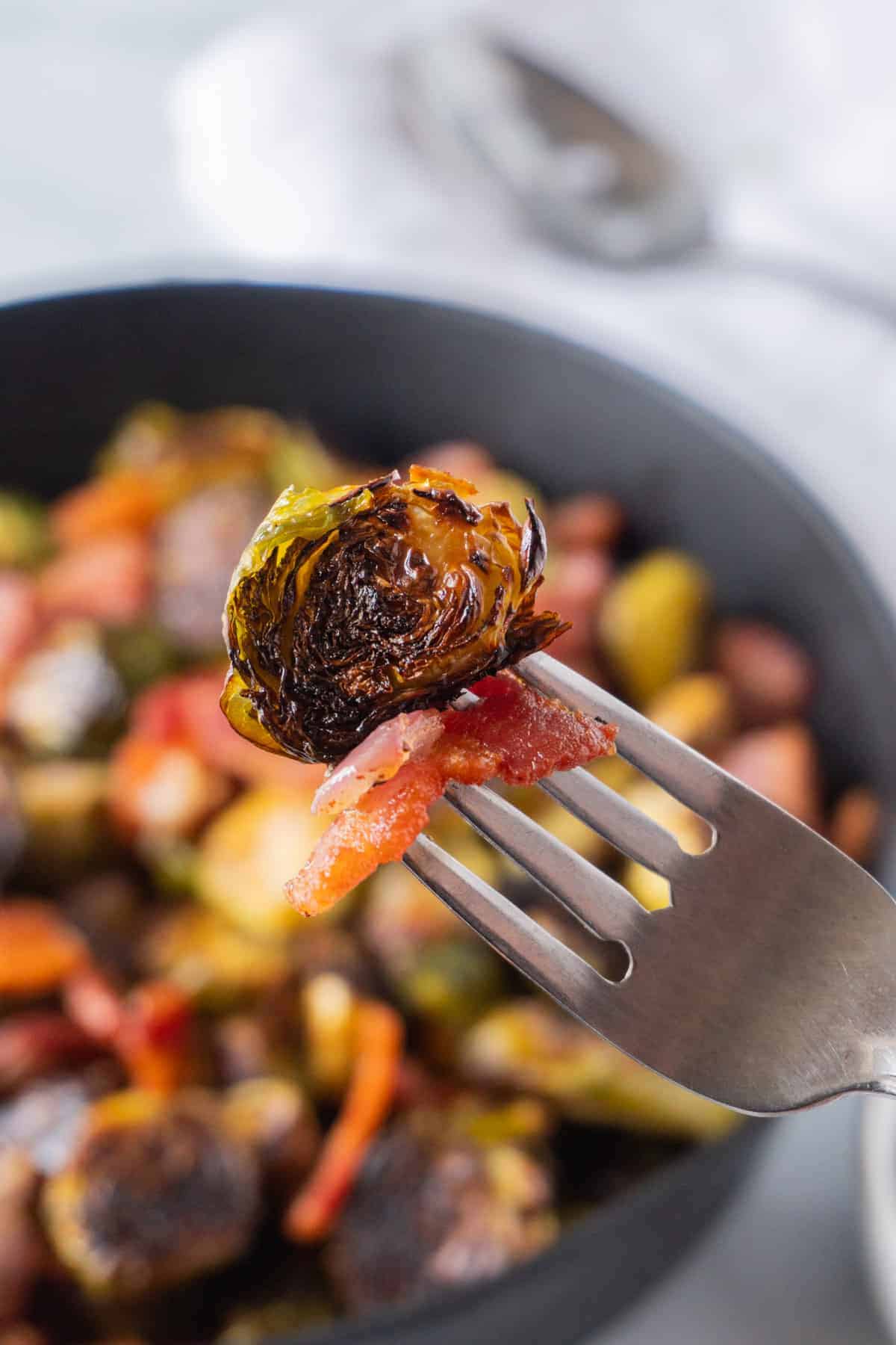 Brussel Sprout, shallot and bacon on a fork