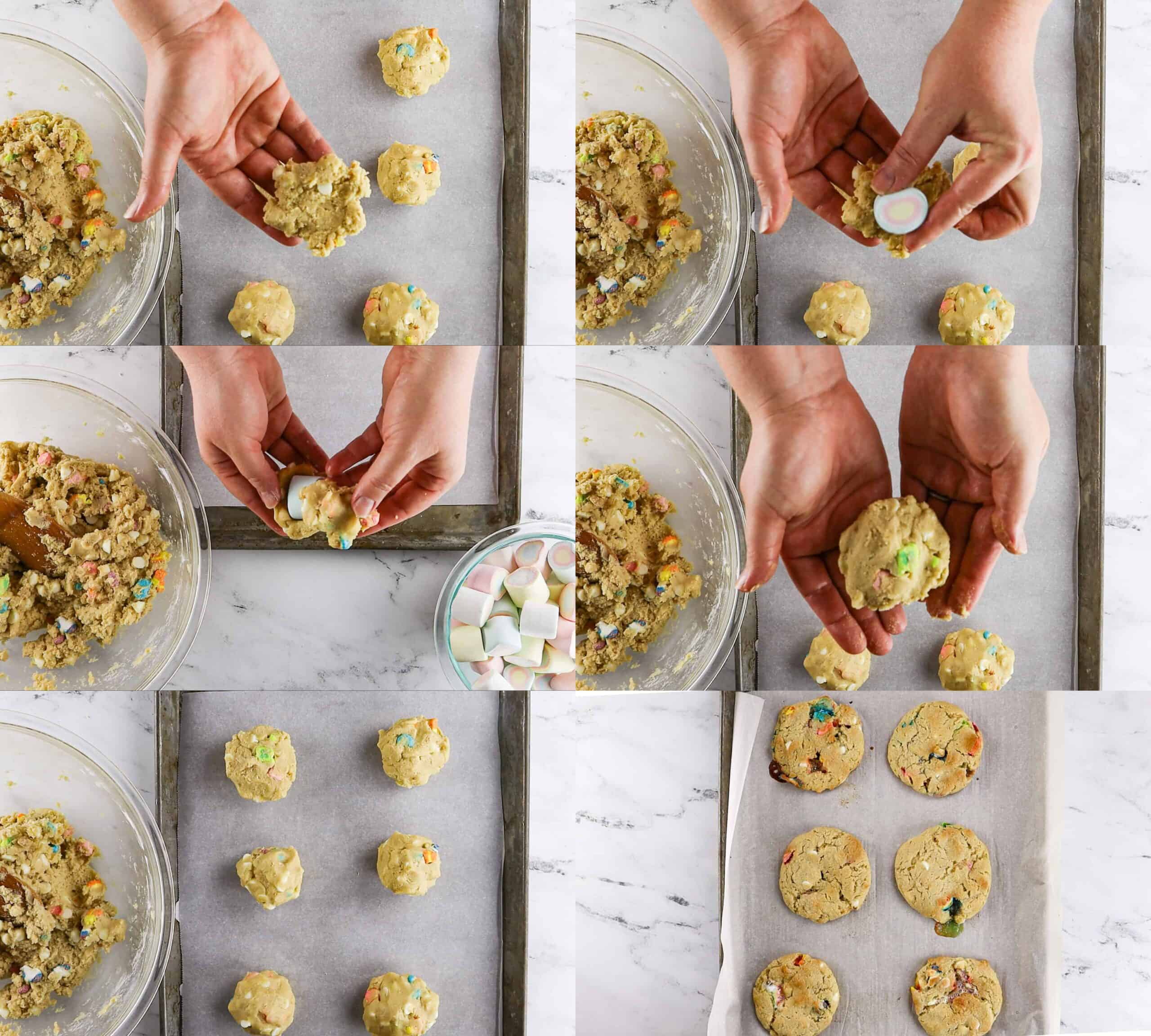 Lucky Charms Cookies are everything magical and super delicious! Filled with cereal bits, crunchy marshmallows, baked to perfection, and topped with gooey marshmallow! #atablefullofjoy #bakery #cookie #chewy #marshmallow #bestcookie #forkids #luckycharms #cereal #rainbow #tiedye #rainbow How to stuff cookies with marshmallows