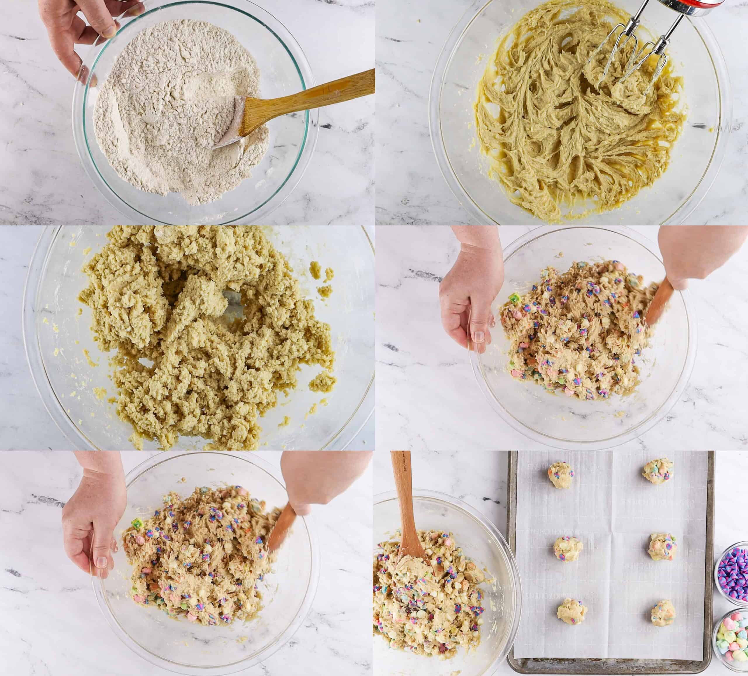 Lucky Charms Cookies are everything magical and super delicious! Filled with cereal bits, crunchy marshmallows, baked to perfection, and topped with gooey marshmallow! #atablefullofjoy #bakery #cookie #chewy #marshmallow #bestcookie #forkids #luckycharms #cereal #rainbow #tiedye #rainbow Lucky Charms Cookies how to mix cookie dough- combine dry ingredients, whip butter and sugar, add eggs, then add the chips and lucky charms marshmallows