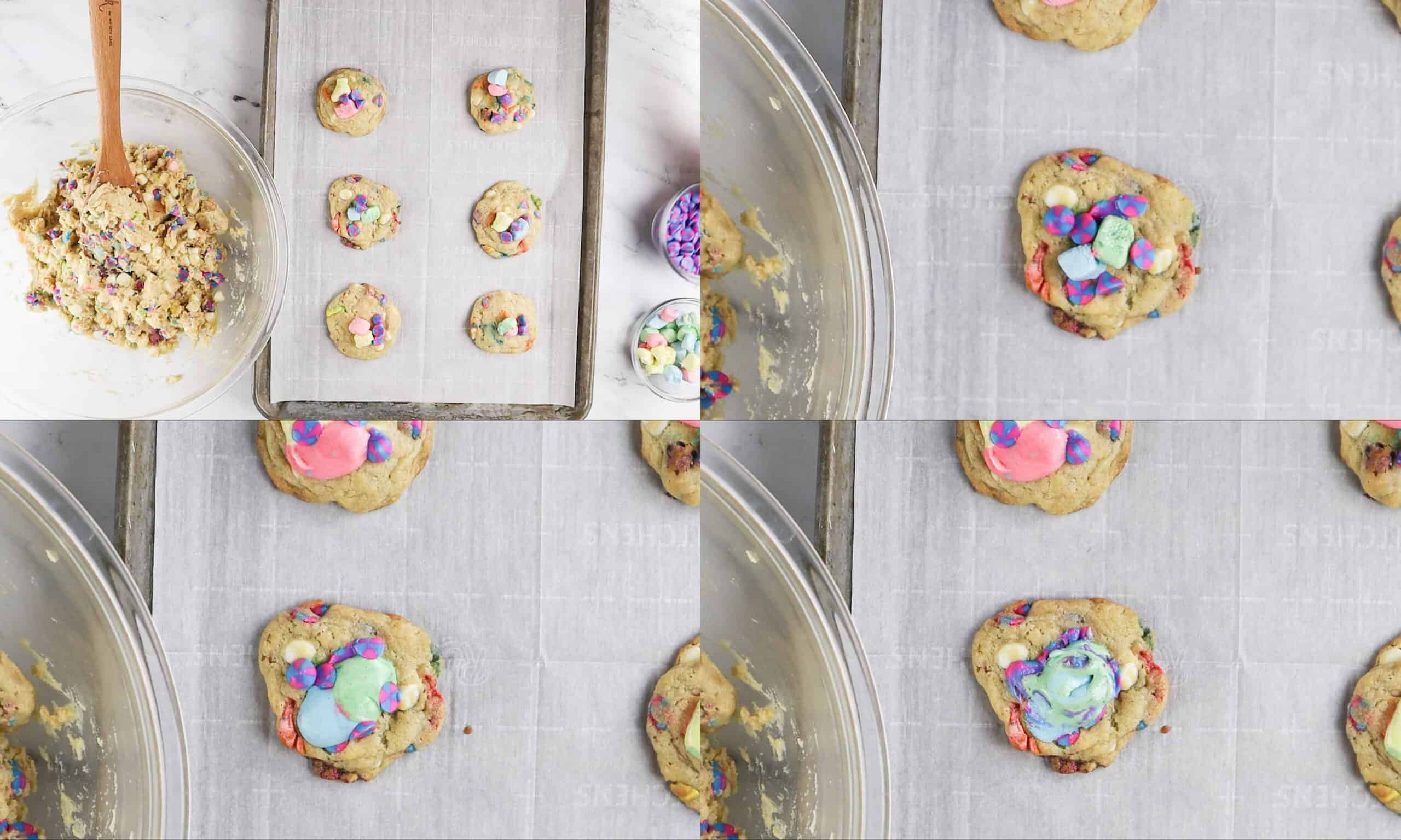 Lucky Charms Cookies are everything magical and super delicious! Filled with cereal bits, crunchy marshmallows, baked to perfection, and topped with gooey marshmallow! #atablefullofjoy #bakery #cookie #chewy #marshmallow #bestcookie #forkids #luckycharms #cereal #rainbow #tiedye #rainbow Lucky Charms Cookies how to melt marshmallows on top
