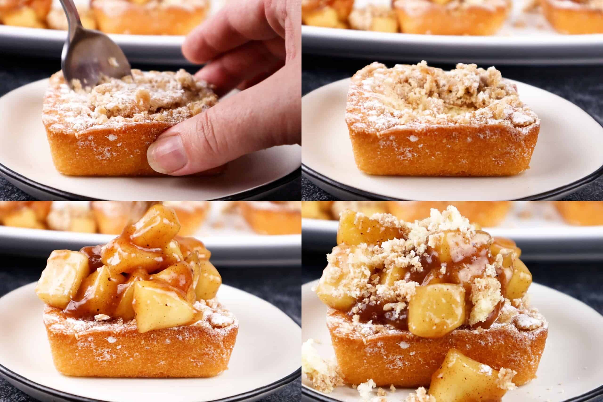 cut the top of the crumb cakes and top with apple mixture