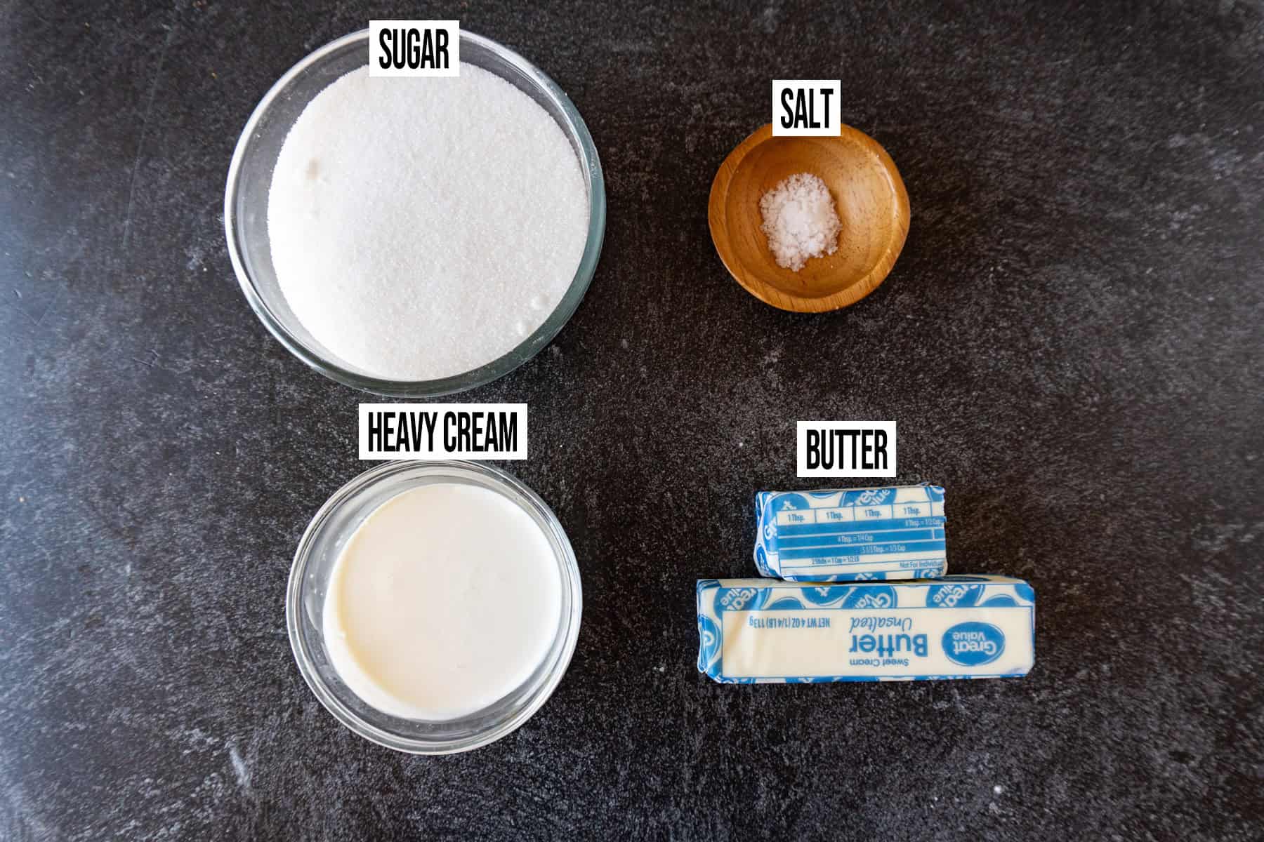Caramel Sauce Ingredients in individual bowls