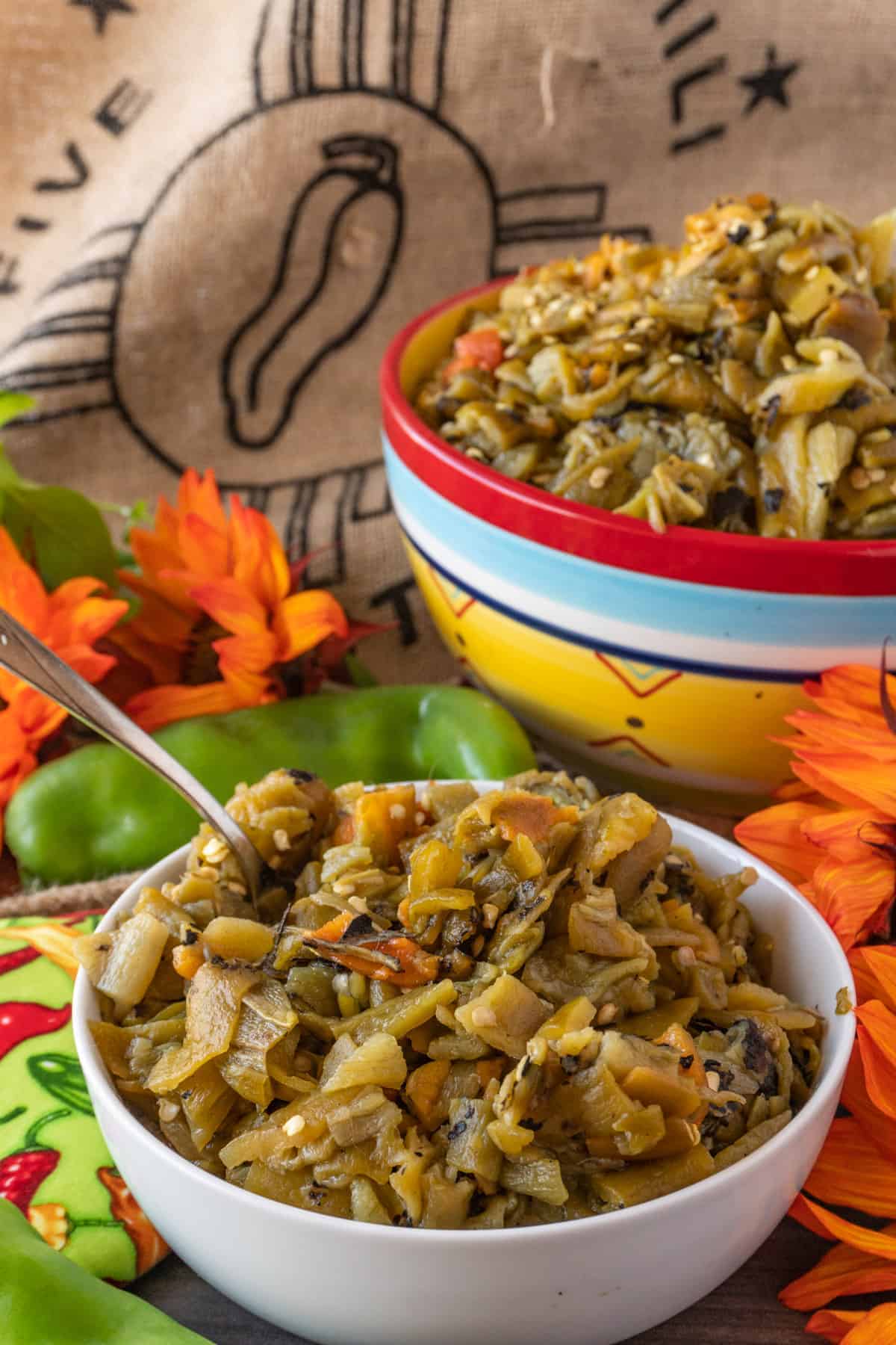 Freshly roasted and peeled Green Chile in bowl