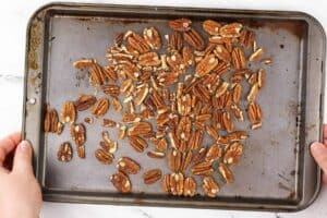 Pecans on baking sheet