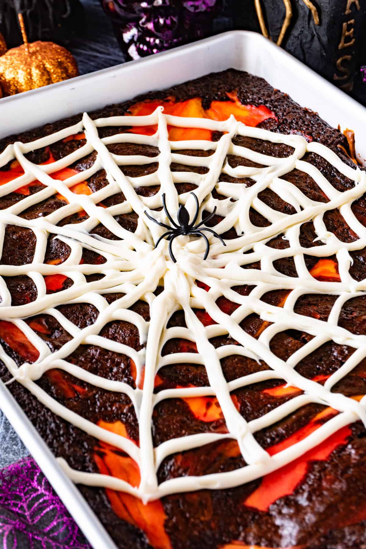 spiderweb brownie close up in pan