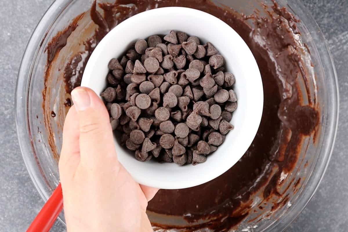 adding chocolate chips to batter