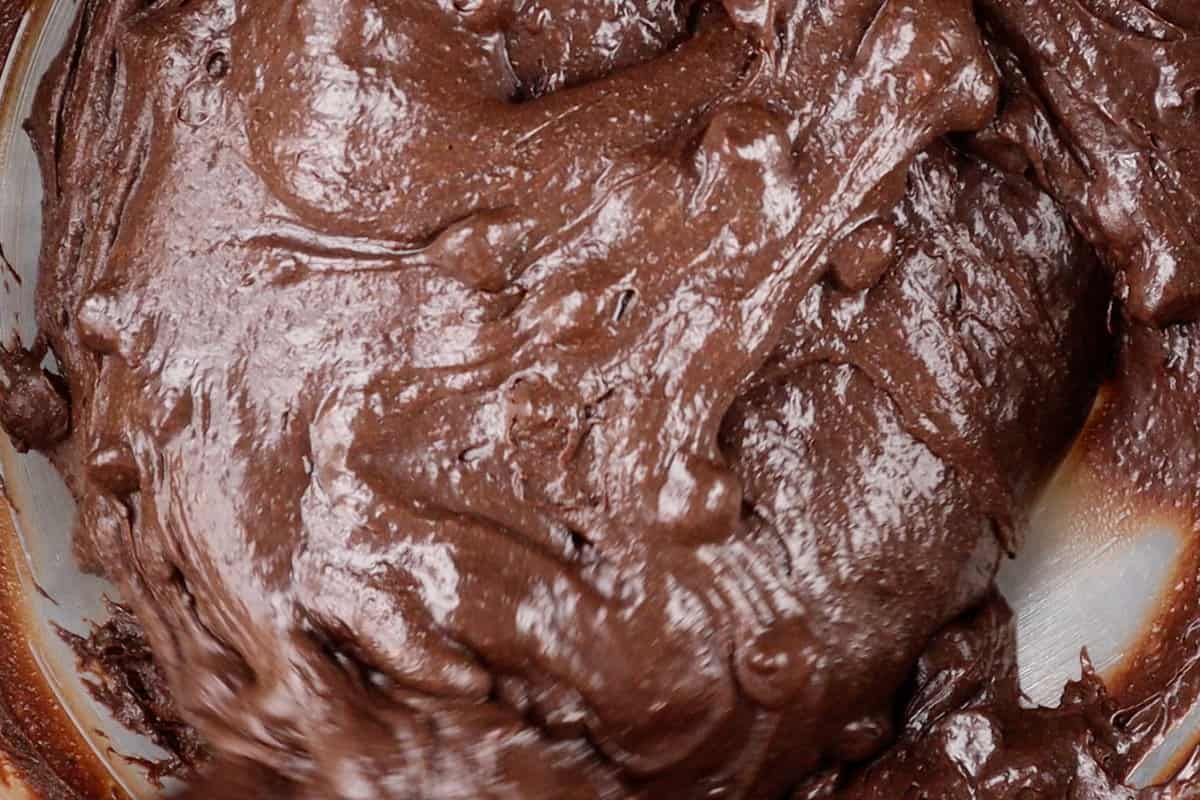 close up of mixed brownie batter