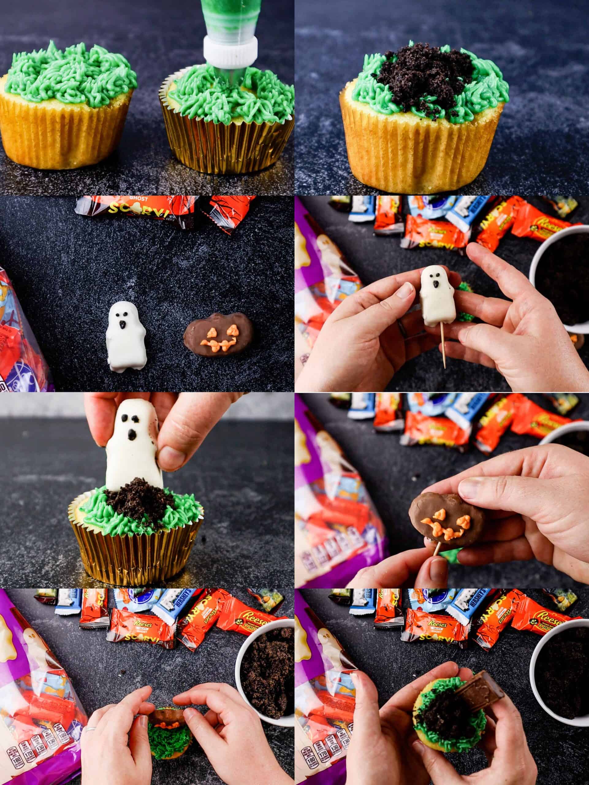 how to decorate ghost and pumpkin cupcakes process shots