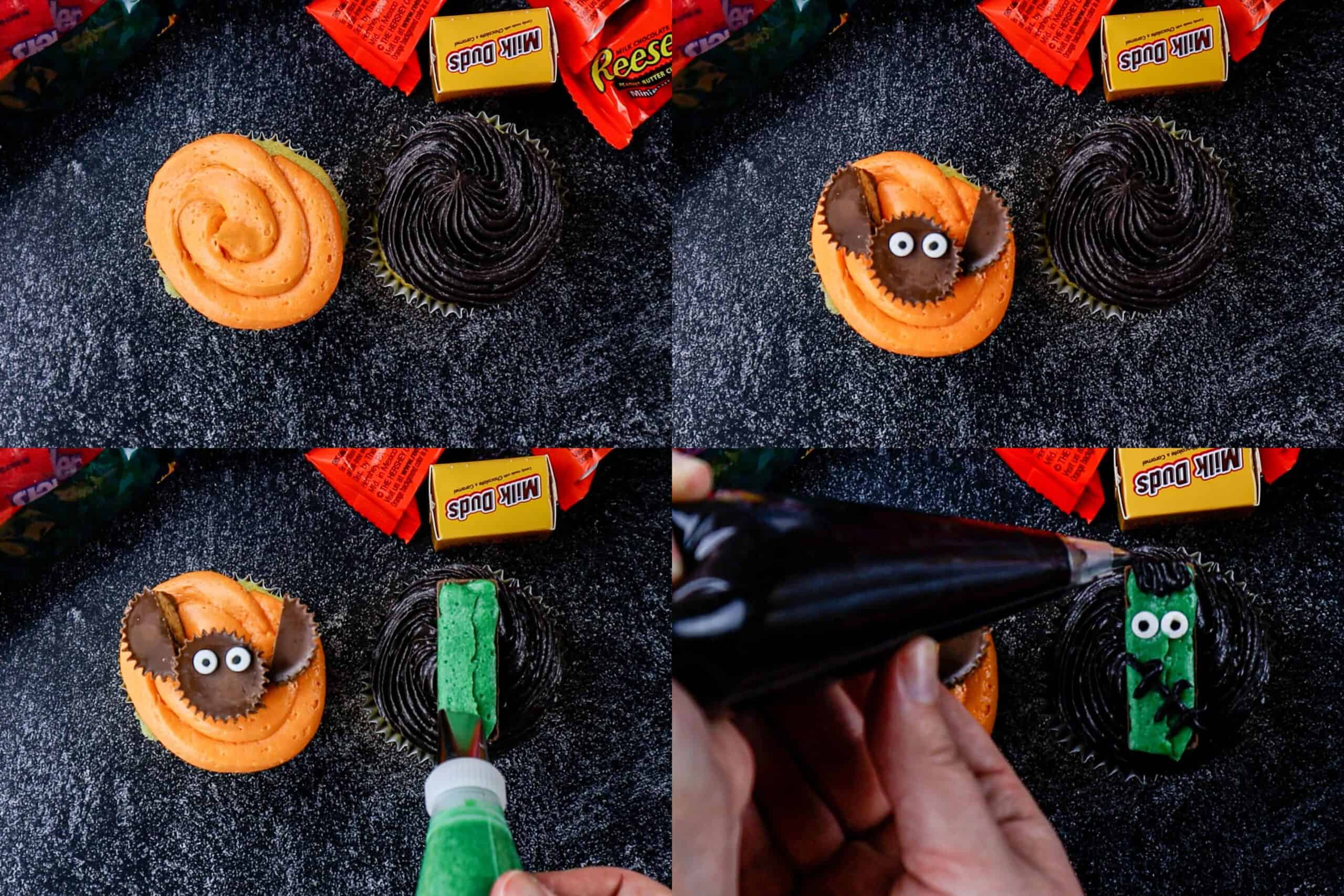 how to decorate bat and frankenstein cupcakes process shots 
