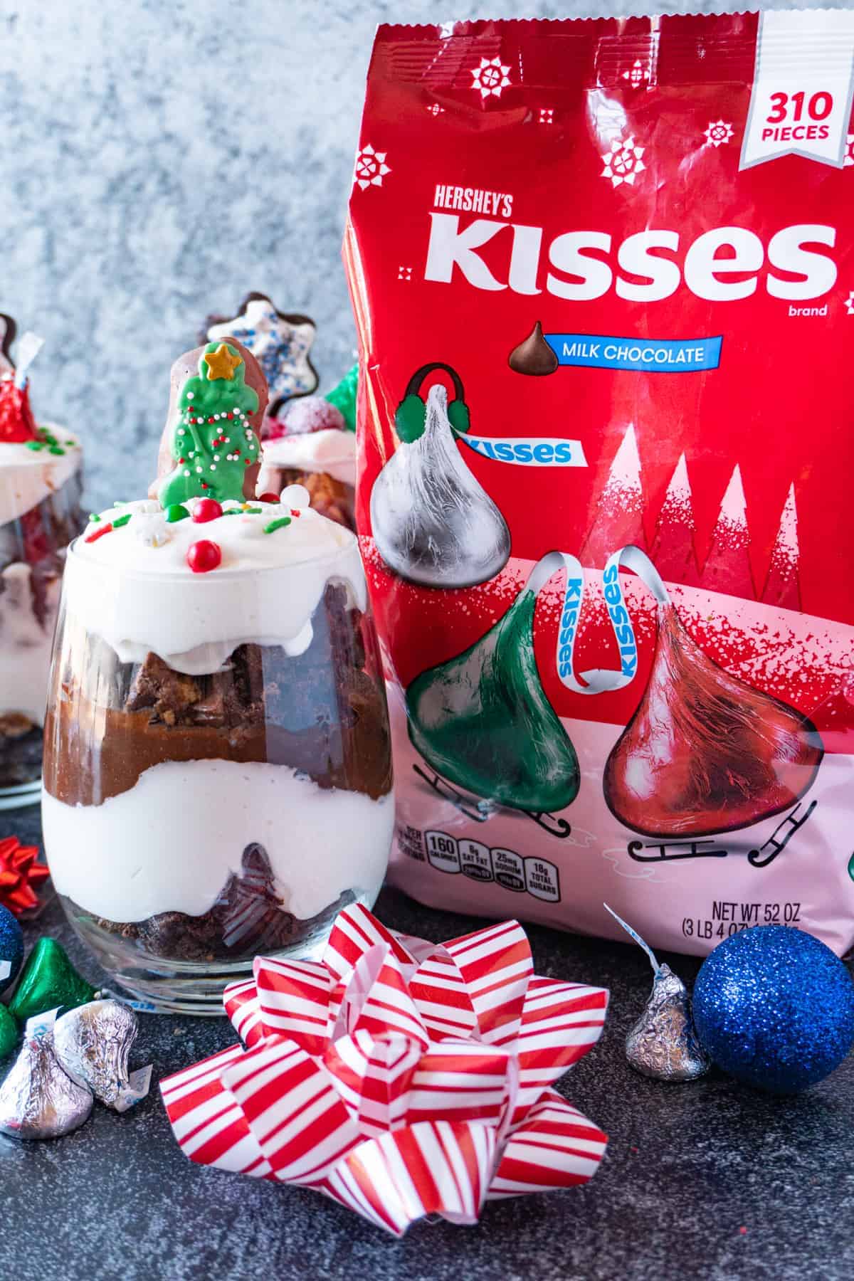 Christmas Trifle in glass next to bag of candy