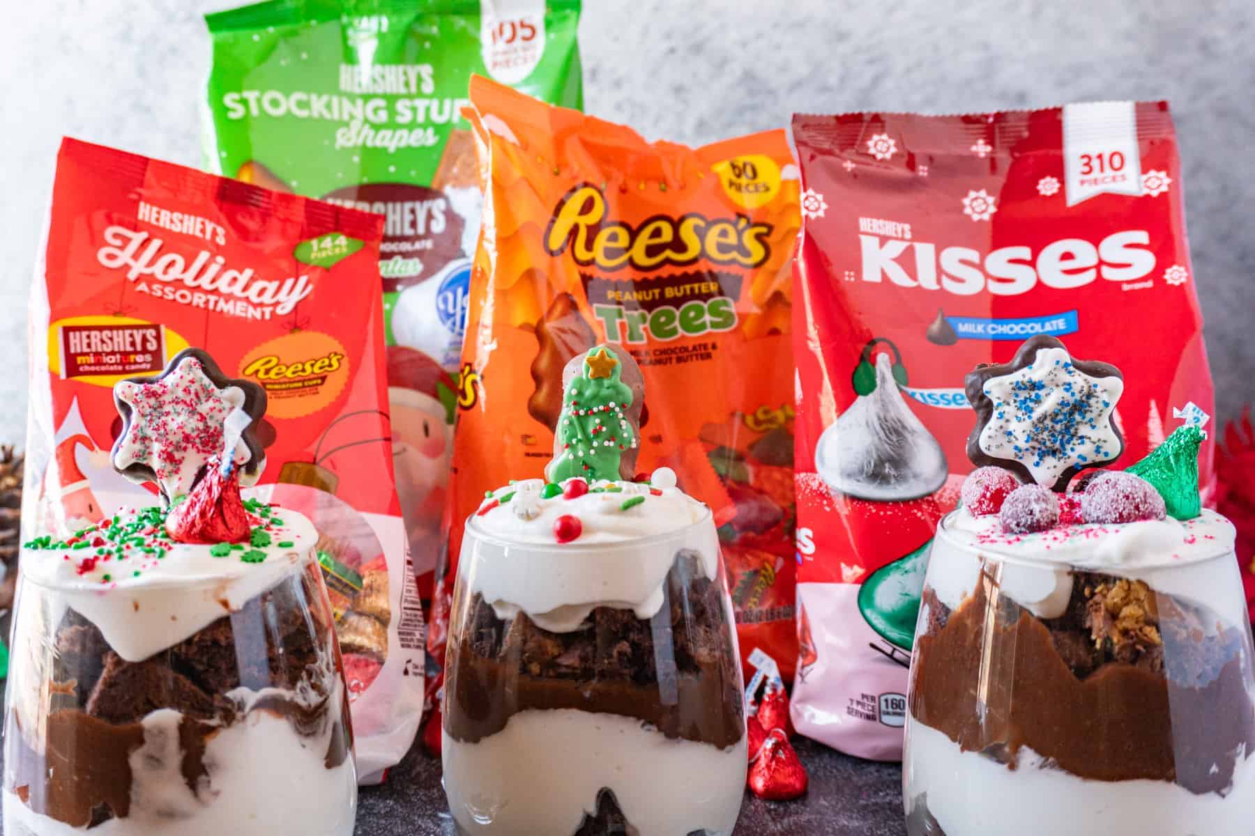 Christmas candy bags from Sam's club with Christmas Trifle in glasses