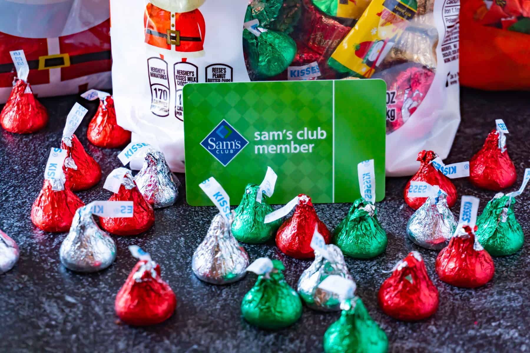 sam's club member card with chrismtas candy kisses around it