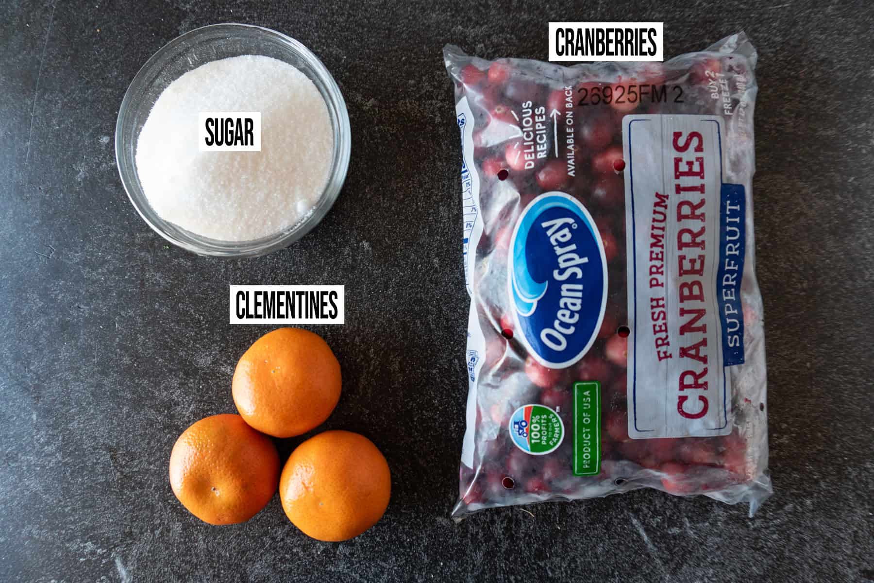 Cranberries Relish Ingredients laid out and labeled.