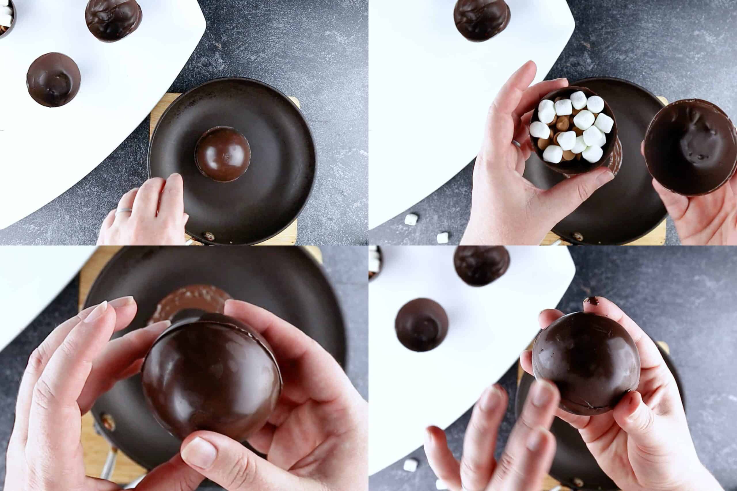 Sticking the two sides of the chocolate bombs together