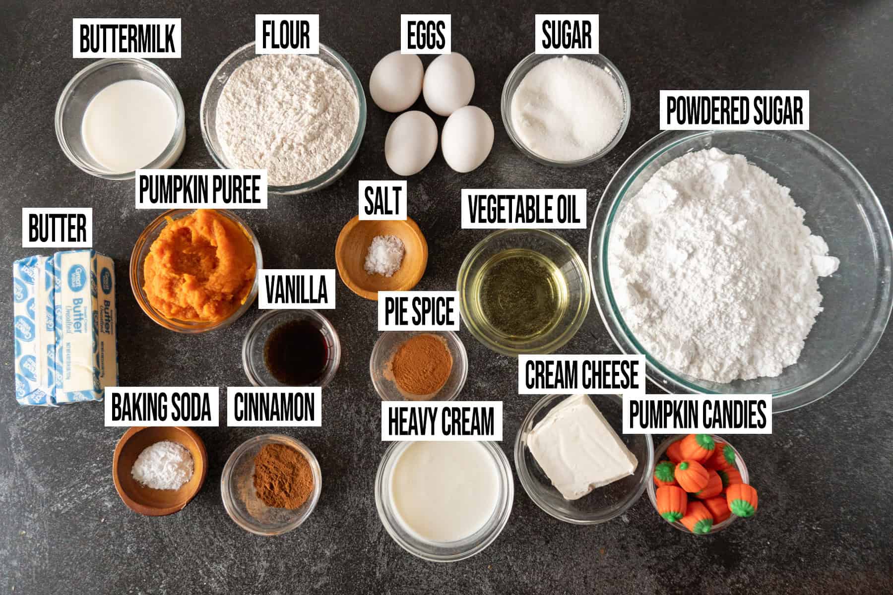 Pumpkin Pie Cupcakes with Cream Cheese Frosting: Ingredients in individual bowls and labeled.