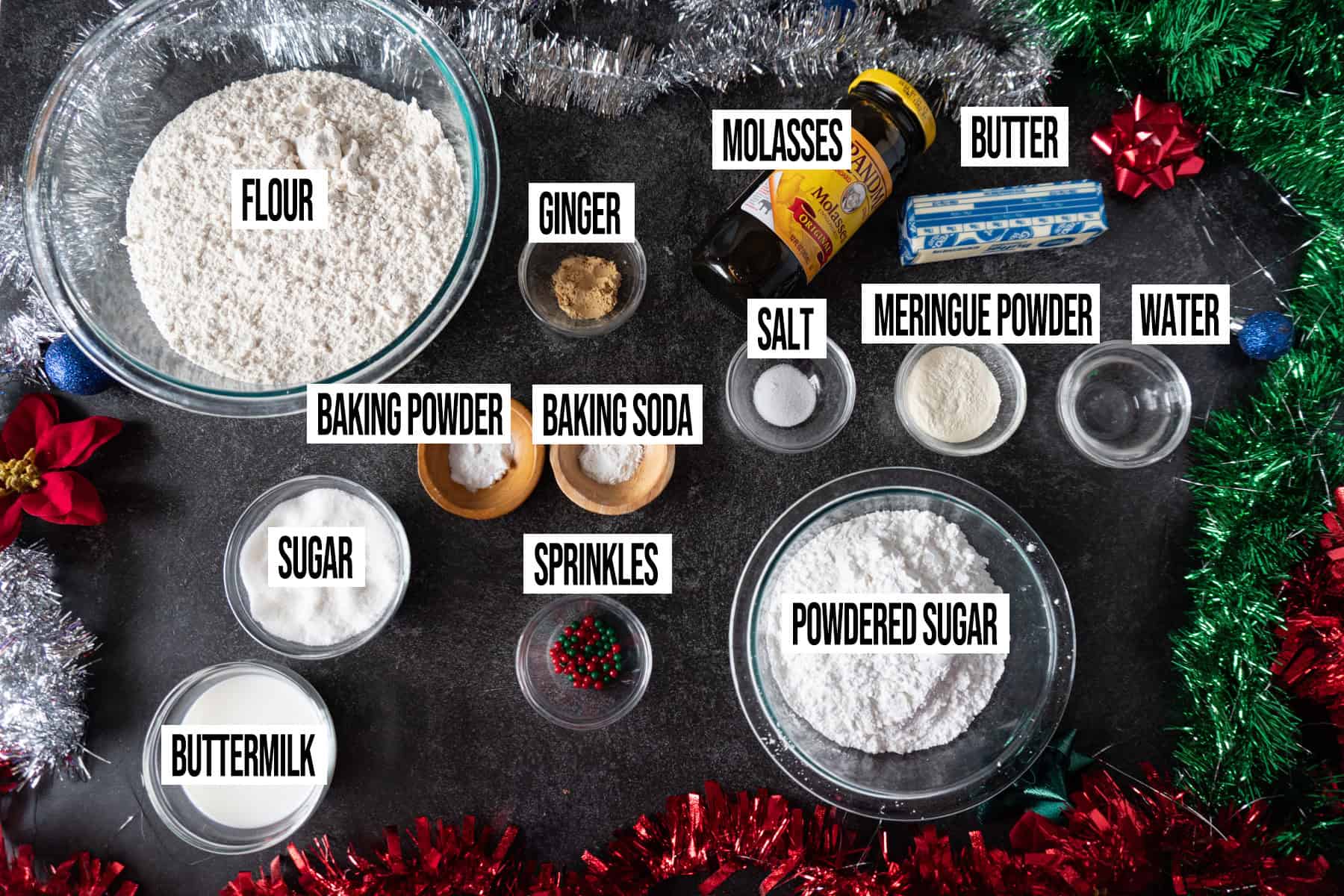 gingerbread man cookies Ingredients in individual bowls and labeled
