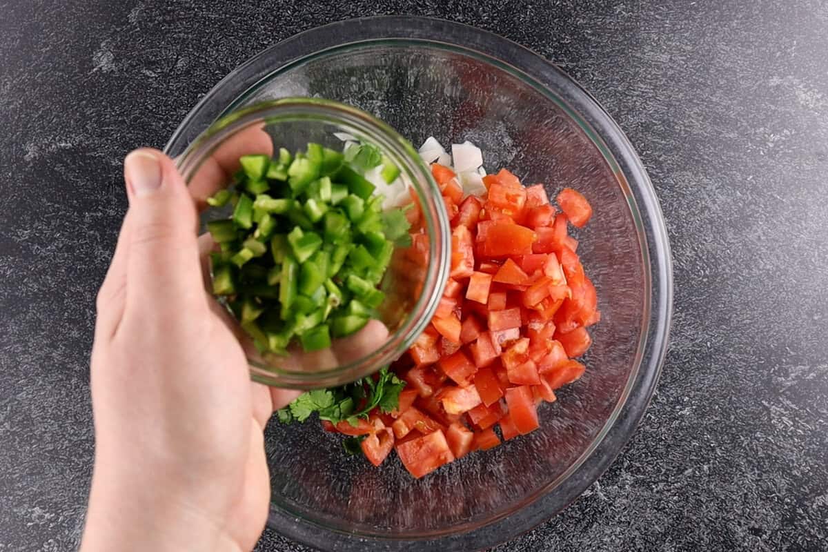adding all pico ingredients to clear glass mixing bowl.