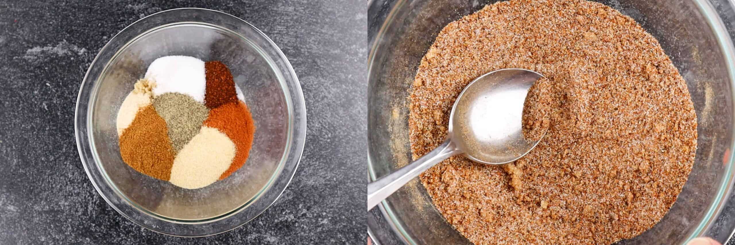 before and after mixing the spice rub