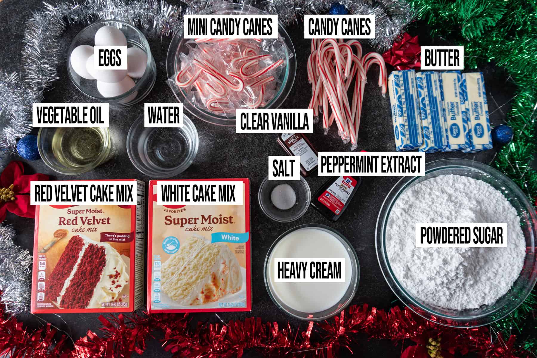candy cane cupcakes Ingredients in individual bowls and labeled