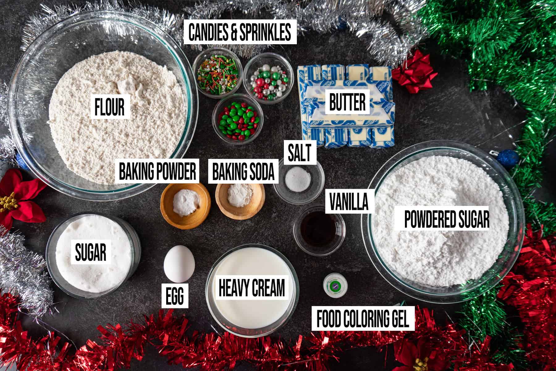 christmas tree cookies Ingredients in individual bowls and labeled