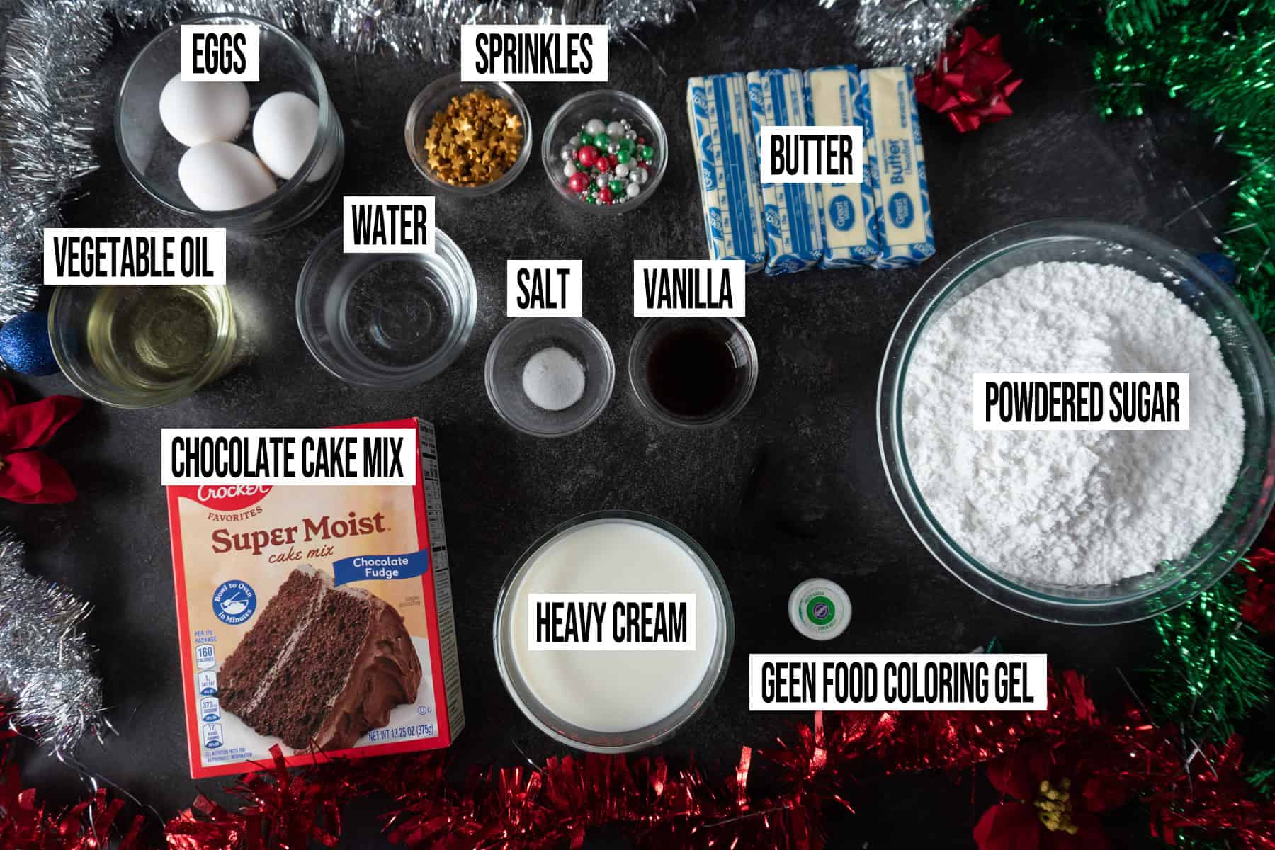 christmas tree cupcakes Ingredients in individual bowls and labeled