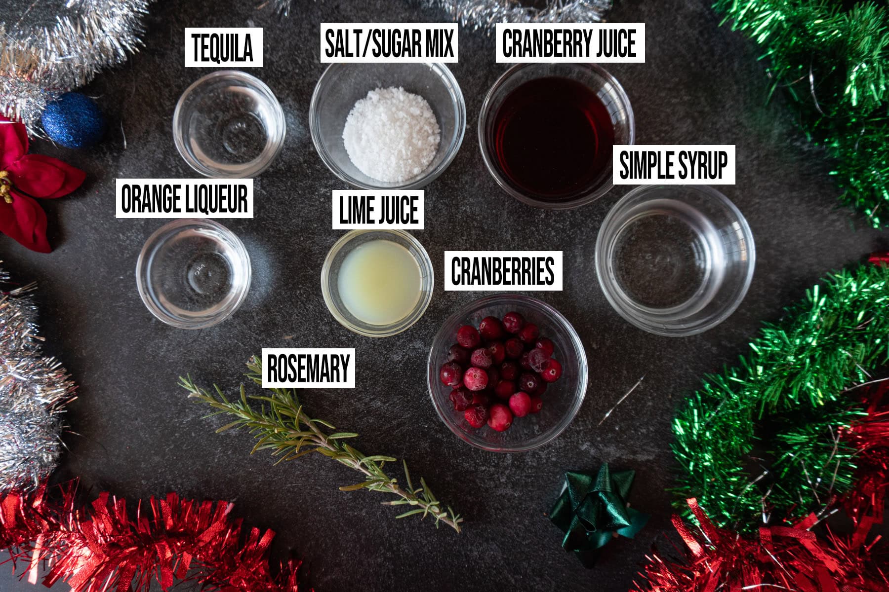 cranberry margarita Ingredients in individual bowls and labeled