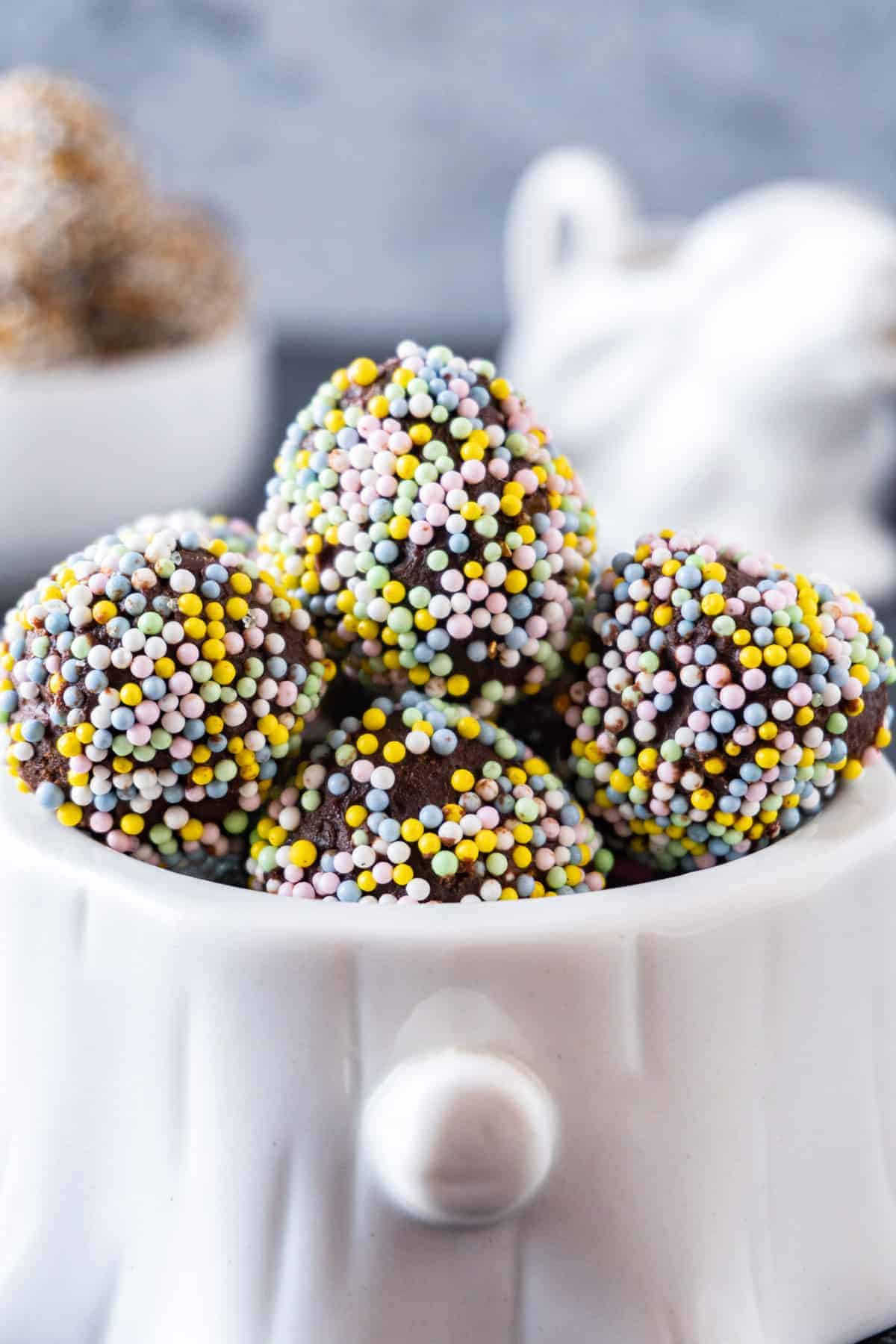 chocolate truffles with easter sprinkles close up