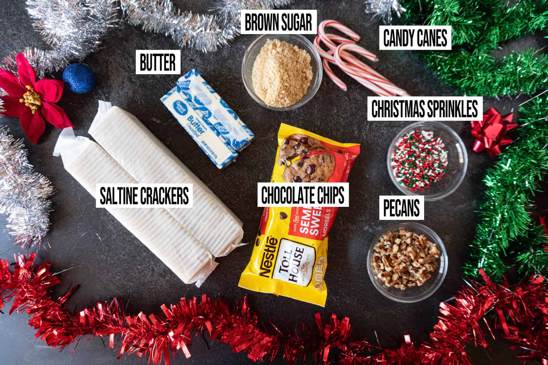 Christmas Crack Ingredients in individual bowls and labeled