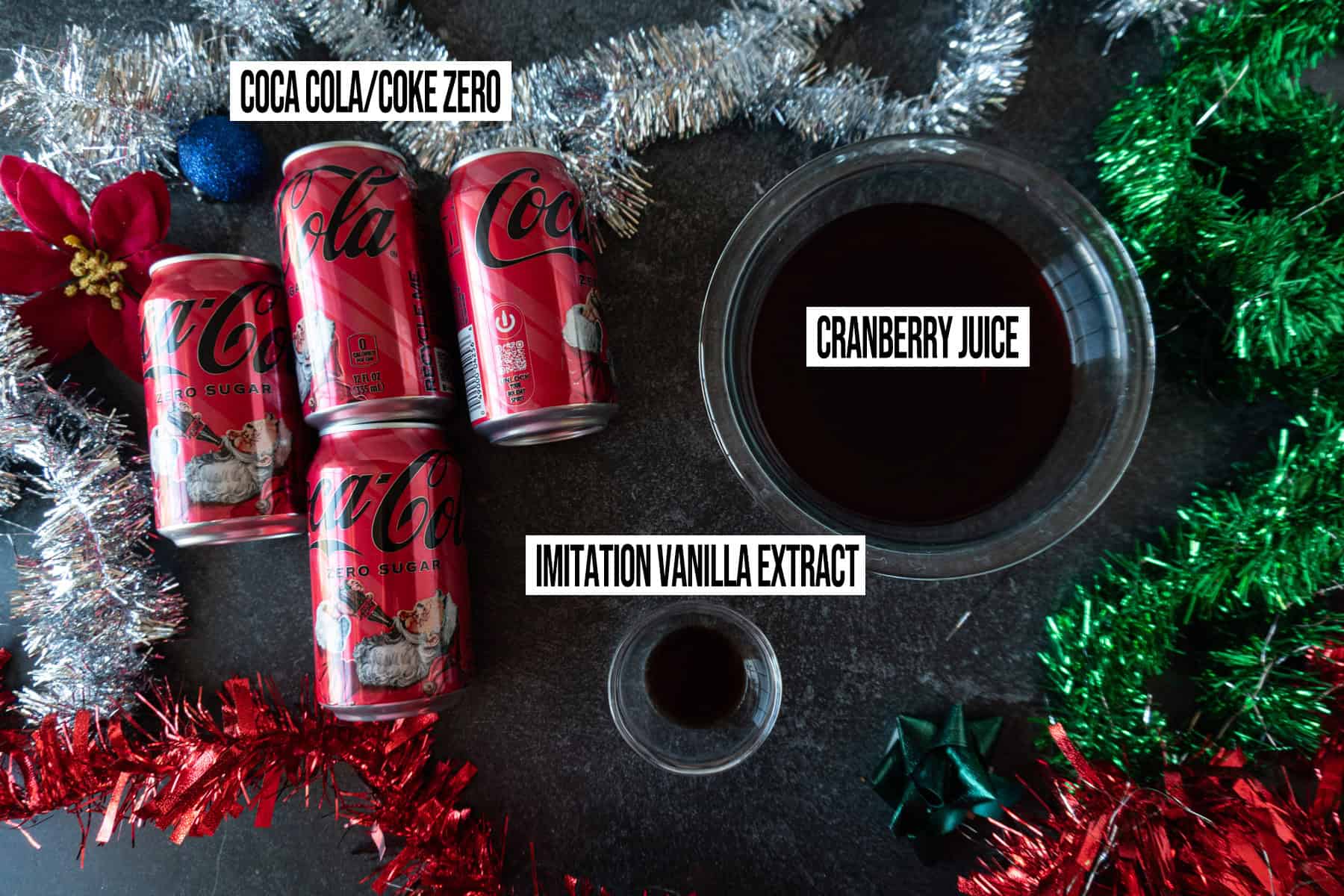 Christmas drink Ingredients in individual bowls and labeled