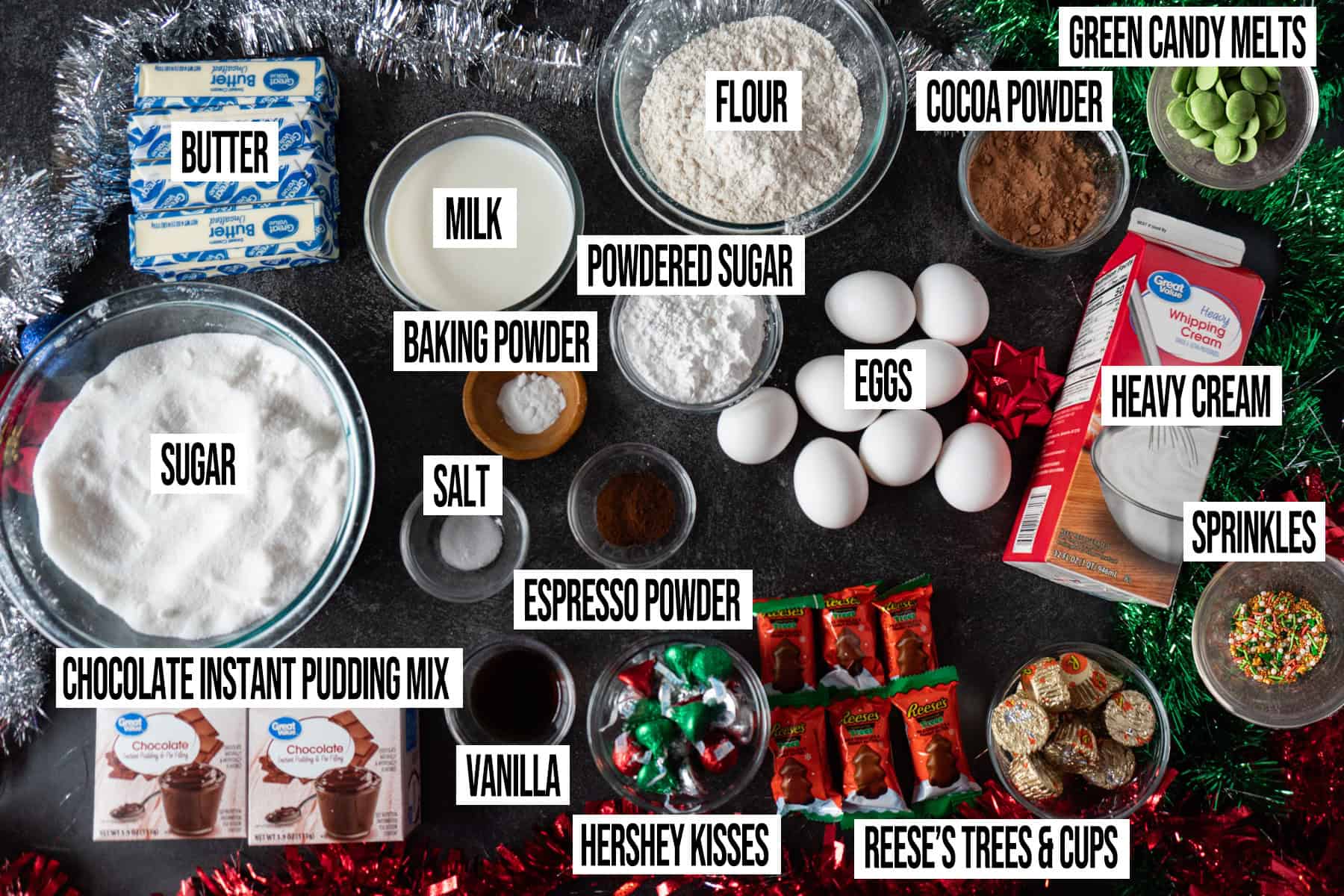 christmas trifle Ingredients in individual bowls and labeled