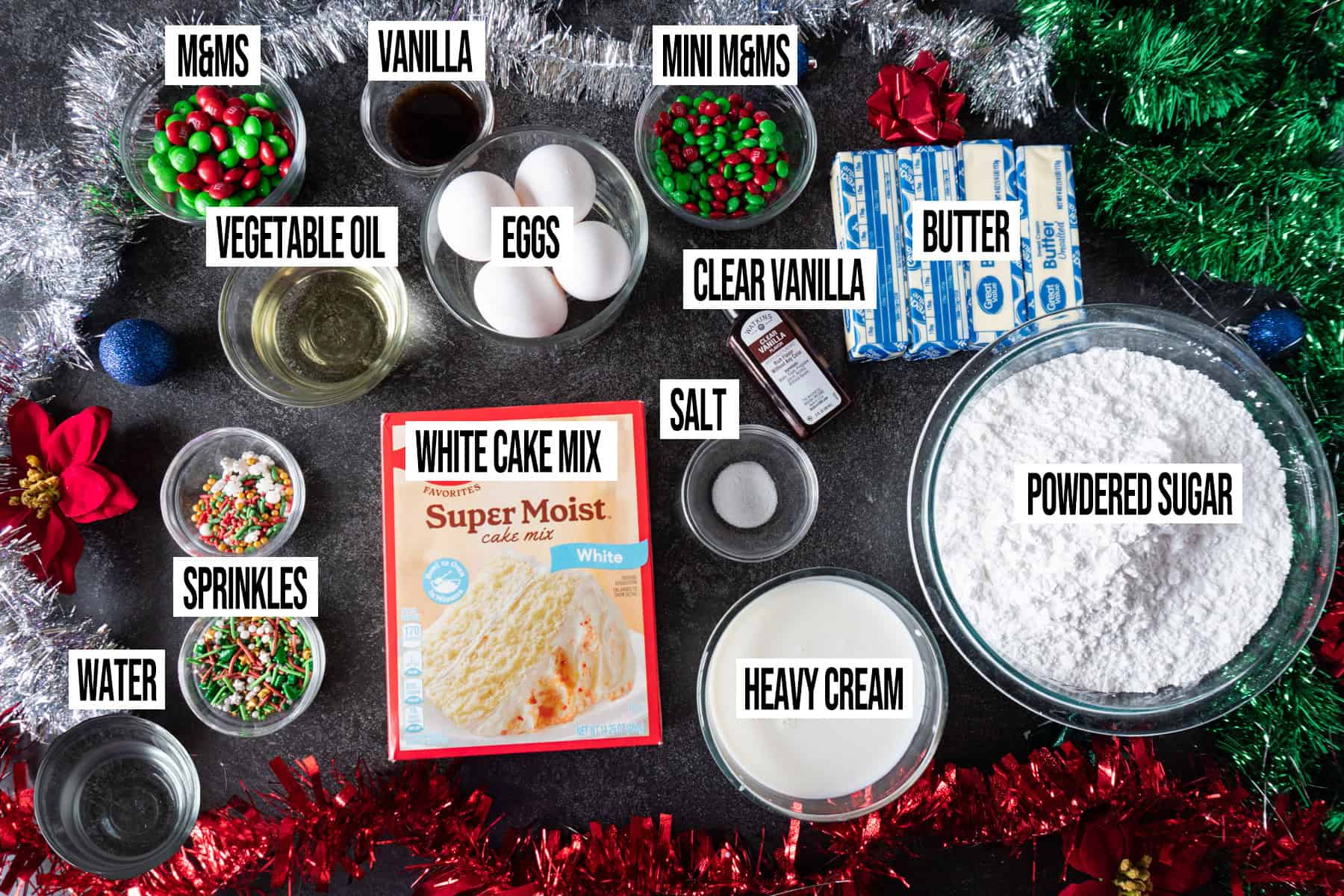 holiday cake Ingredients in individual bowls and labeled