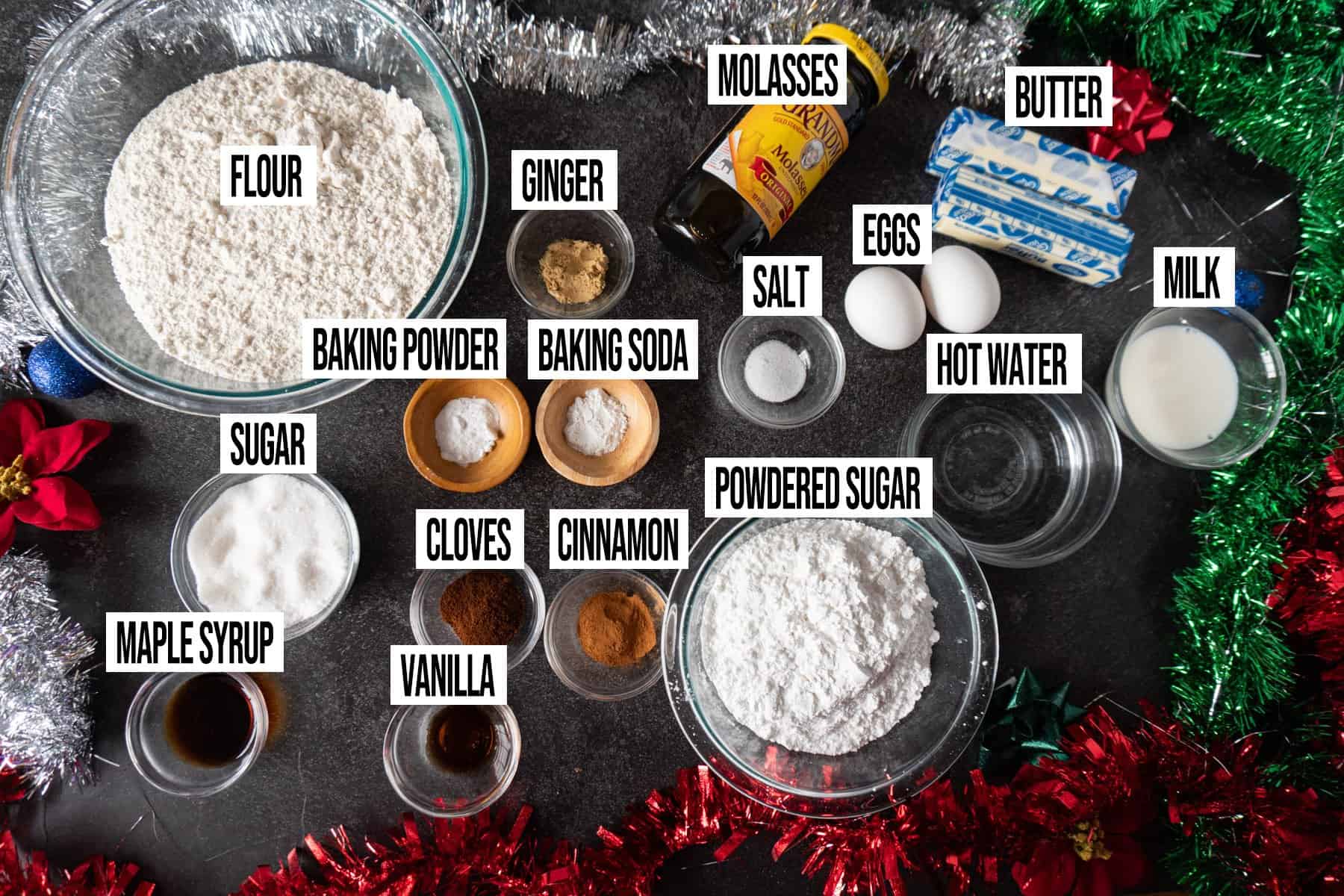 gingerbread Bundt cake Ingredients in individual bowls and labeled