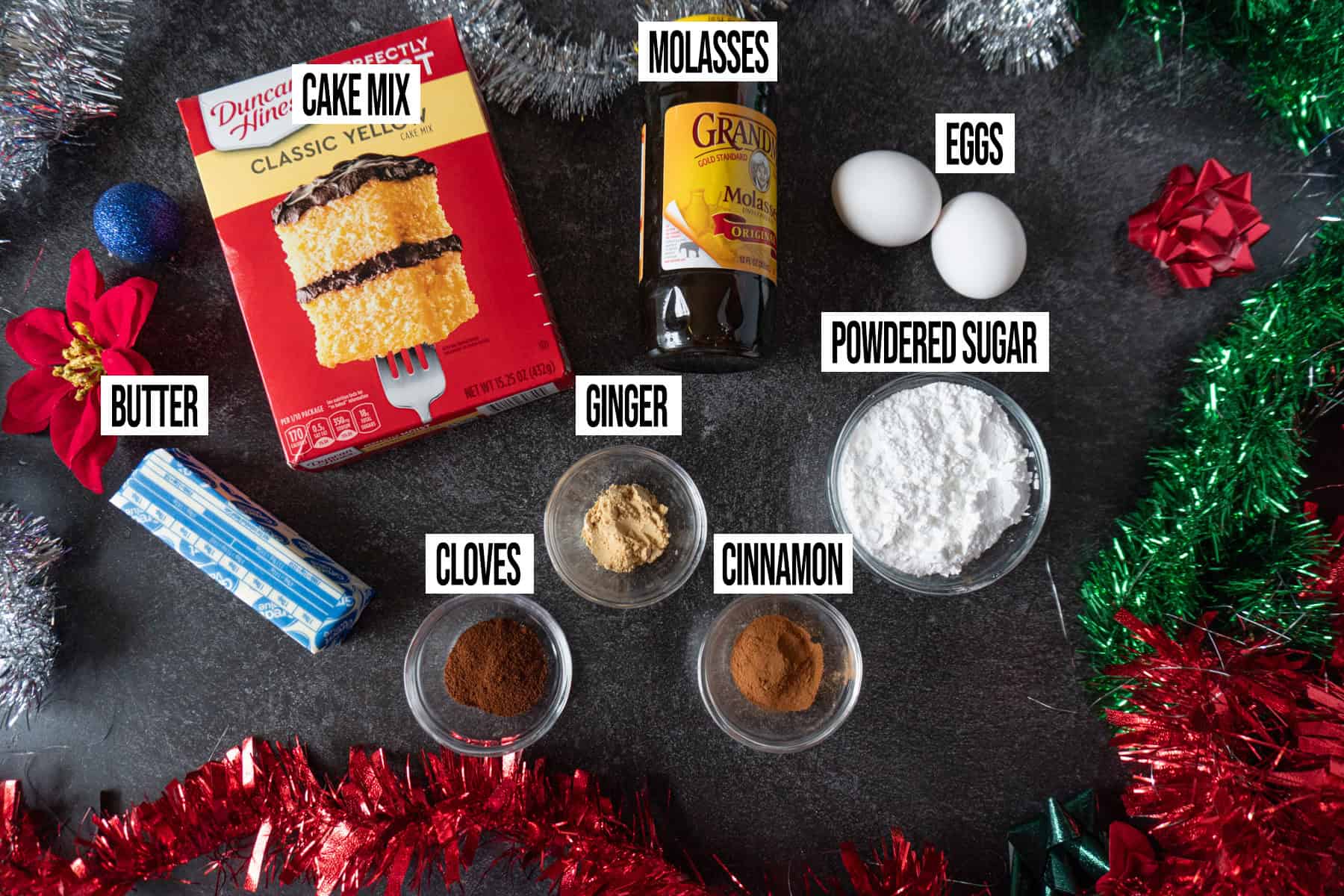 gingerbread crinkle cookies Ingredients in individual bowls and labeled