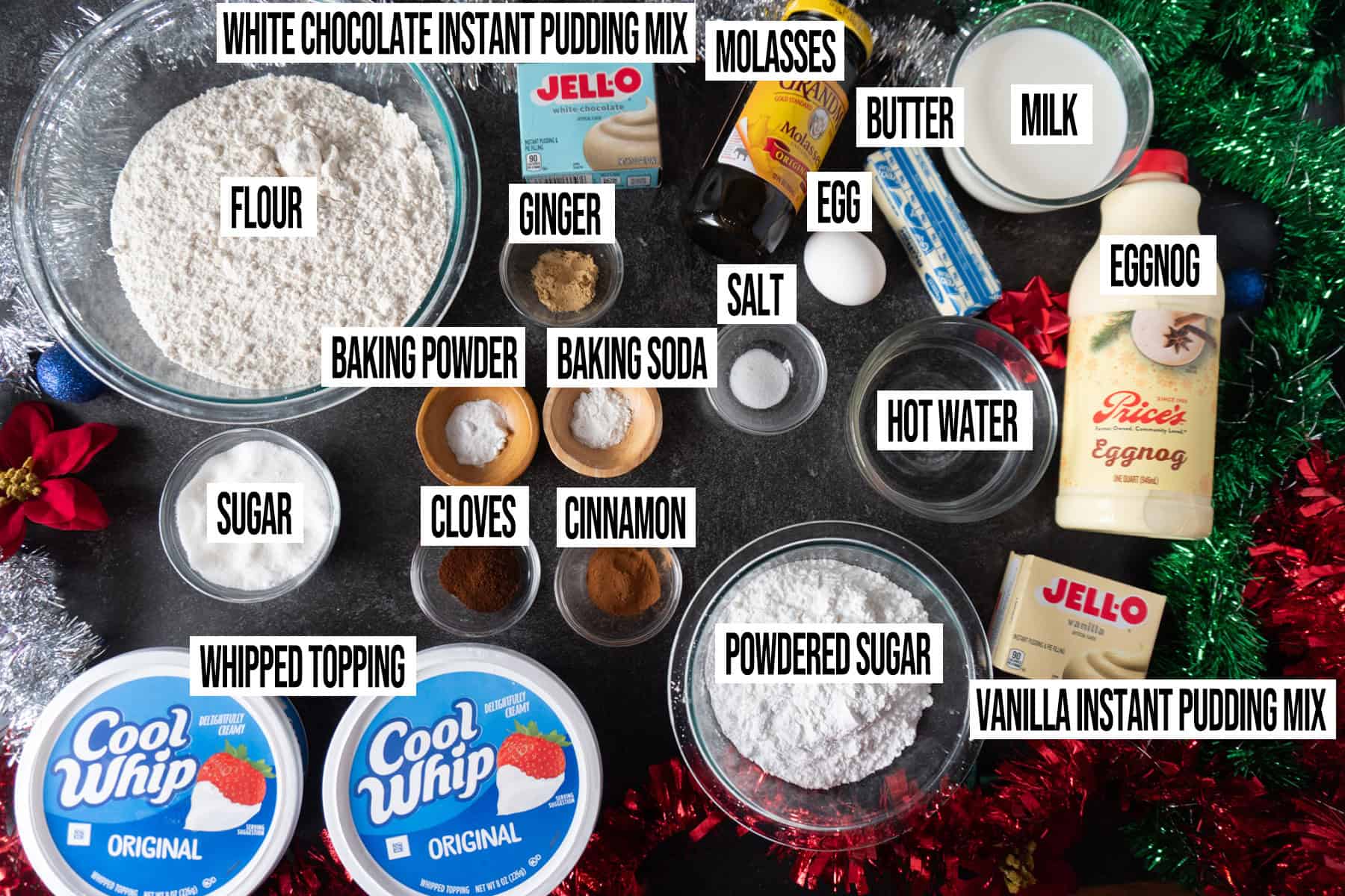 gingerbread trifle Ingredients in individual bowls and labeled