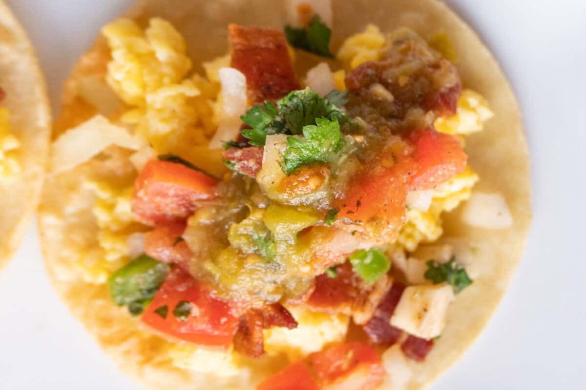 breakfast taco assembled with eggs, and pico