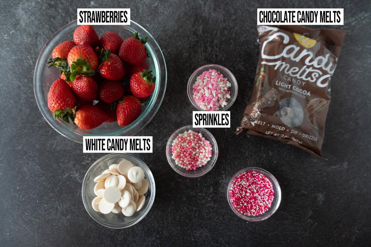  chocolate covered strawberries ingredients in individual bowls.