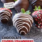 chocolate covered strawberries decorated with sprinkles and white chocolate stripes pinterest pin.